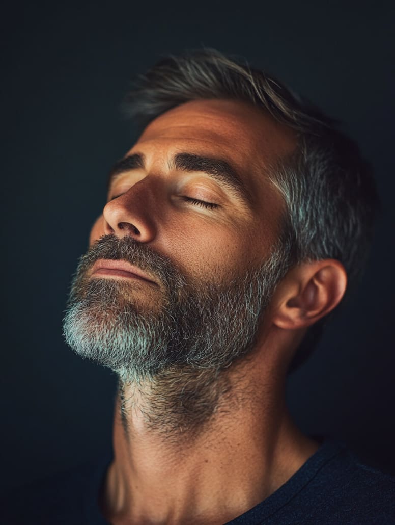 A man with gray hair and a beard is shown with his eyes closed, head slightly tilted back, and an expression of serenity. He poses against a dark background, embodying the peaceful atmosphere one might find at Online Counselling Australia.