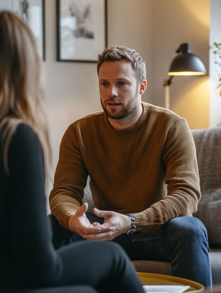 A man with short hair and a beard is sitting on a couch, wearing a brown sweater and jeans. He is facing a woman with long hair, who is partially visible and sitting across from him. The room at the Online Counselling Australia has soft lighting, a lamp, and framed pictures on the wall.