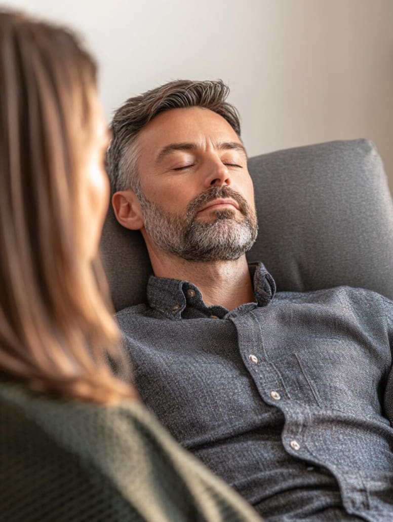 A man with graying hair and a beard is reclining in a chair with his eyes closed. He is wearing a button-up shirt. A woman with long brown hair, seen from the back, is sitting nearby facing him. The setting appears to be calm and peaceful—a perfect scene at the Online Counselling Australia.