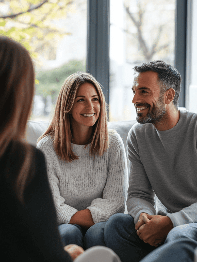 A woman and a man sitting on a couch and smiling while looking at a person with their back to the camera. The couple appears relaxed and engaged in conversation, likely during a session at the Online Counselling Australia. The room has large windows with a view of a leafy outdoor scene.