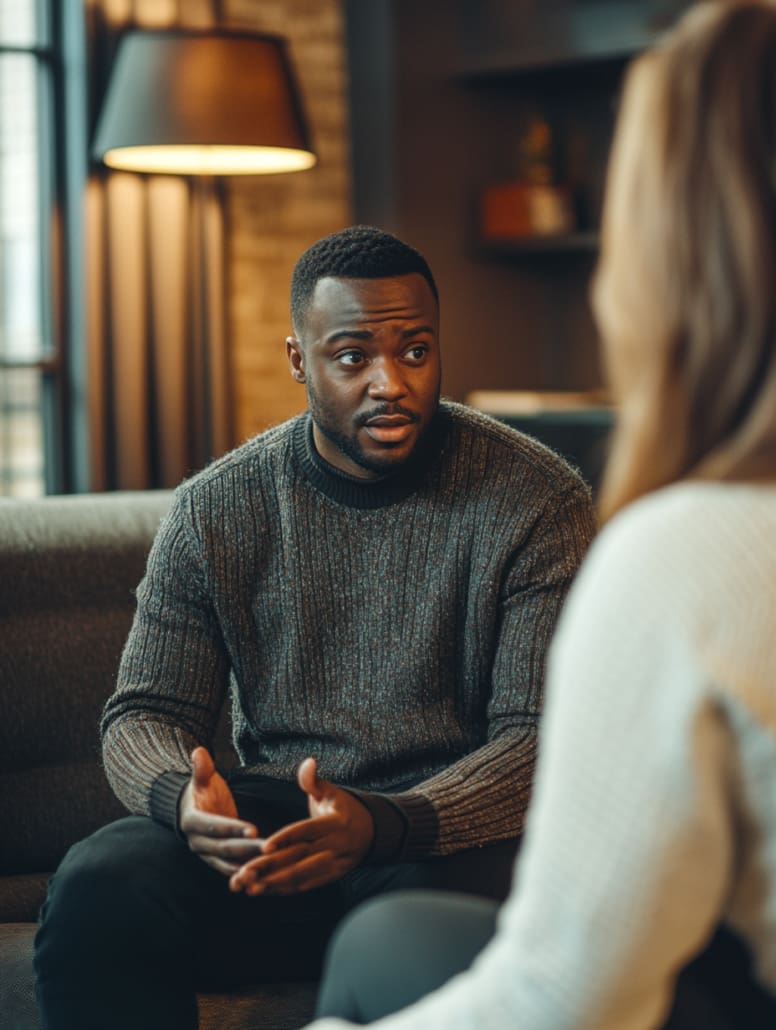 A man with a short beard sits on a gray couch and talks to a woman sitting across from him. He wears a dark gray sweater and gestures with his hands. A lamp and shelves are visible in the background, creating a cozy indoor setting reminiscent of Counselling Services Melbourne.