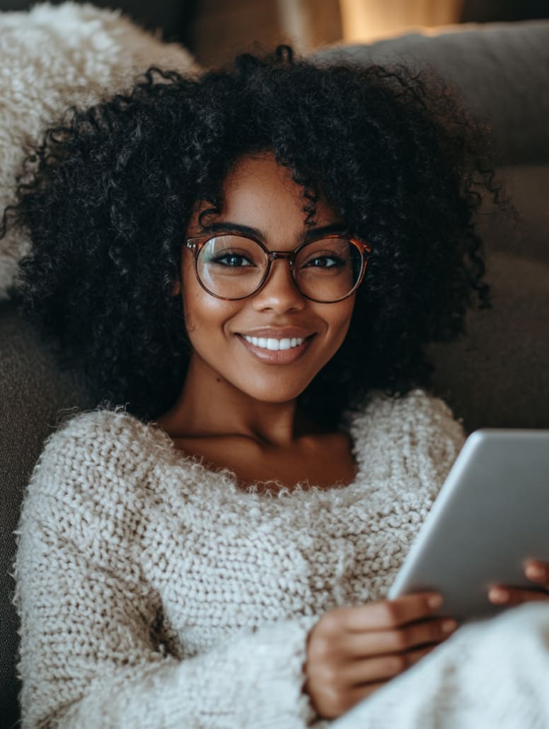 A woman with curly hair and glasses is lying on a couch at the Online Counselling Australia, holding and reading a tablet. She is smiling, wearing a cozy knitted sweater, and appears to be relaxed.