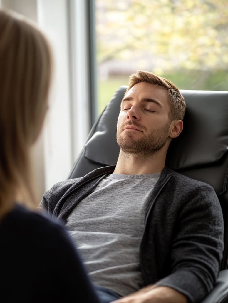 A man with short blonde hair and a beard lies back in a chair with his eyes closed, appearing relaxed, while a woman with long blonde hair, seen from behind, seems to be talking to him. The background shows a window with a blurred outdoor view, suggesting the calm environment of Counselling Melbourne.