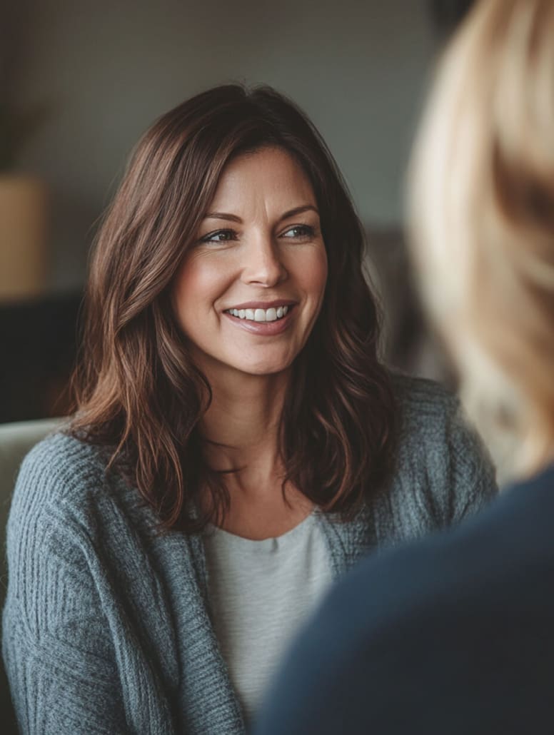 A woman with shoulder-length brown hair smiles warmly while engaging in conversation with another person, whose back is to the camera. Dressed in a gray sweater and a light-colored top, she embodies the welcoming atmosphere of Online Counselling Australia. The background is softly blurred.